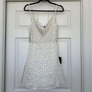 Lulus Spot in My Heart White Polka Dot Satin Cowl Neck mini dress